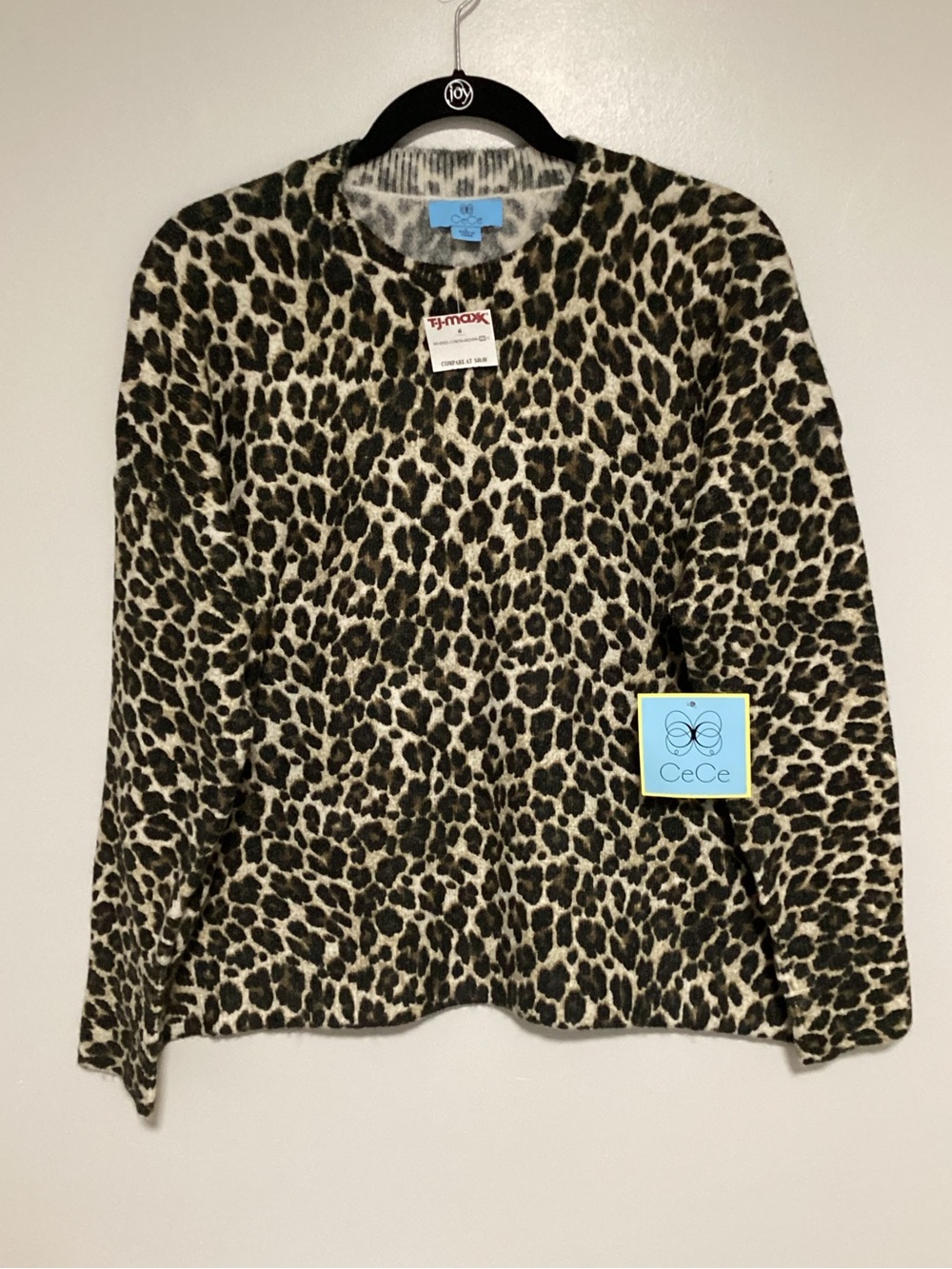 CeCe Sweater Women Size L Round Neck Leopard Animal Print Pullover Black Cream